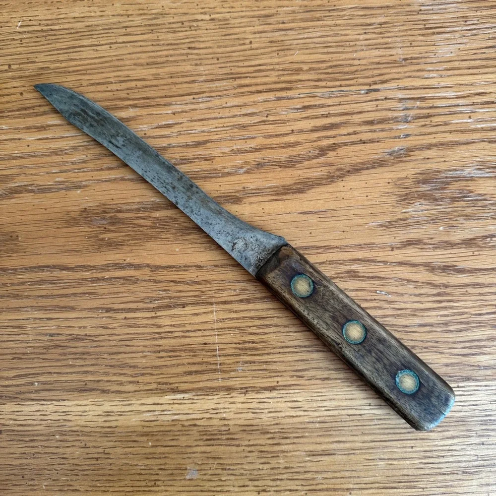 Vintage Hand Hammered Carbon Steel Butcher Knife Wood Handle Primitive‎ Rustic